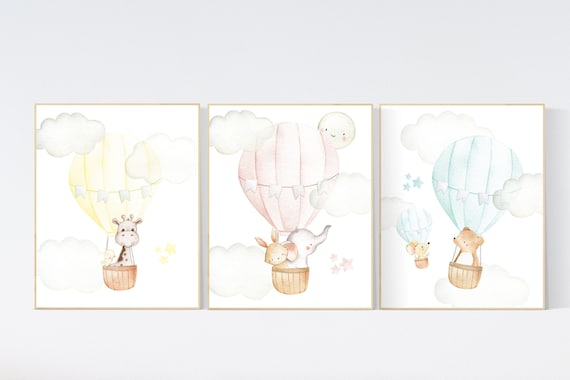Nursery decor animals, hot air balloon, elephant giraffe, bear, gender neutral, nursery decor twins, animal nursery, neutral, unisex