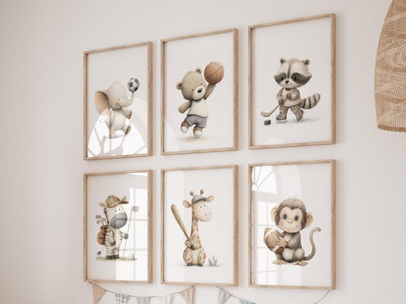 Sports Animal Nursery Prints Set of 6, Boys Room Wall Art, Baby Boy Nursery Decor, Sports Themed Animals, Playroom Poster Set
