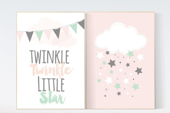 Twinkle Twinkle Little Star, nursery decor, Baby girl nursery decor, coral mint nursery decor, girls room wall art baby room prints new baby