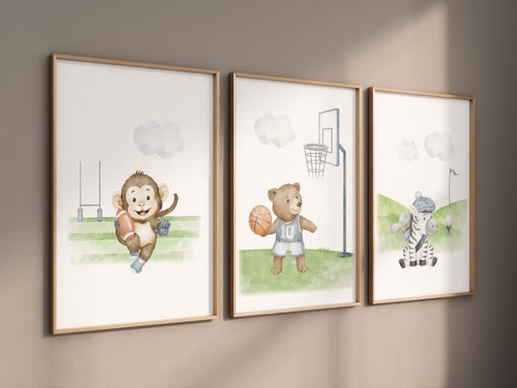 Sports Nursery Wall Art – Football Monkey, Basketball Bear, Golf Zebra – Set of 3 Animal Prints – Boys Sports Room Decor