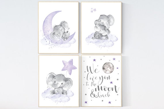 Nursery decor girl purple, nursery wall art elephant, baby room wall decor, girl nursery prints, moon, We love you to the moon and back