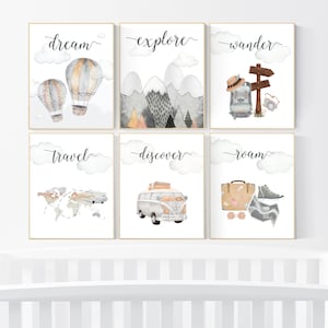 Travel nursery print, Explore nursery wall art, Baby boy nursery, Adventure Set of 6 prints, Camping Prints, Adventure Nursery Decor