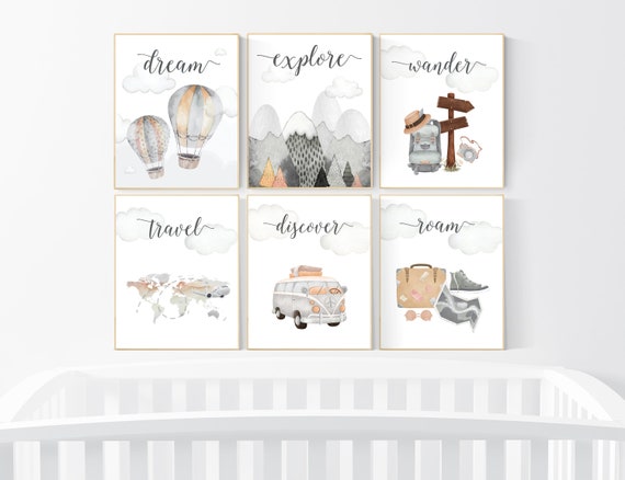 Travel nursery print, Explore nursery wall art, Baby boy nursery, Adventure Set of 6 prints, Camping Prints, Adventure Nursery Decor