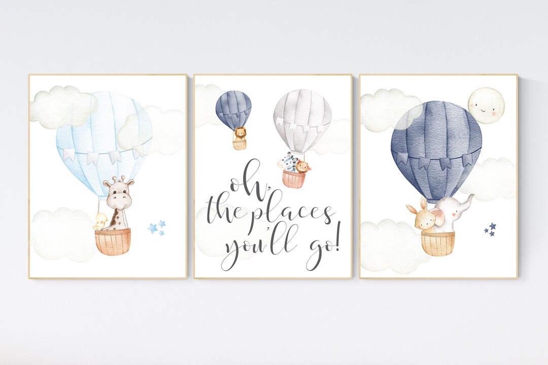 Animal Hot Air Balloon Nursery Print: Navy Blue, Gray, Neutral Decor - Etsy
