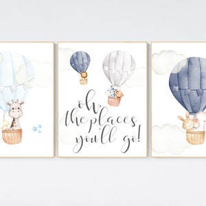Animal Hot Air Balloon Nursery Print: Navy Blue, Gray, Neutral Decor