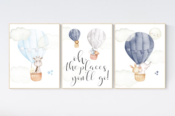 Nursery decor animals, hot air balloon, elephant giraffe, bear, gender neutral, nursery decor navy blue, gray, grey, neutral colors