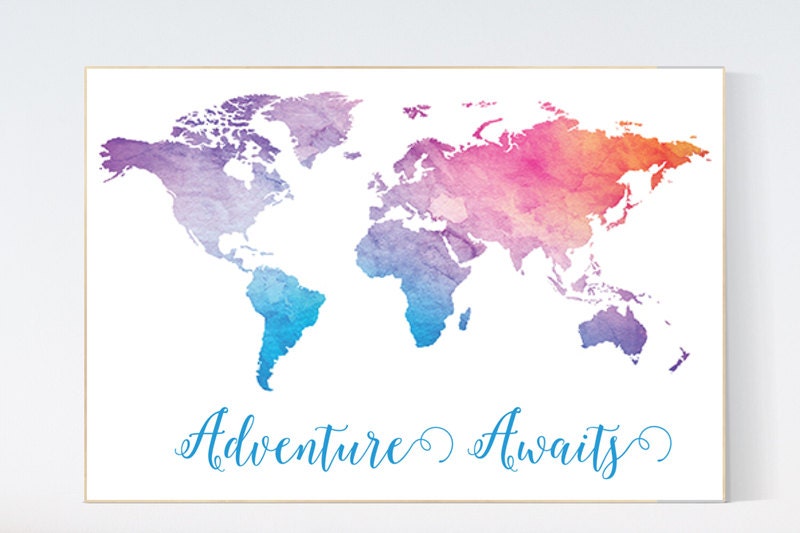 Adventure Awaits Print World Map Print Nursery Wall Art Babys Nursery Room Decor Toddler Room Gender Neutral Kid Room Playroom Decor