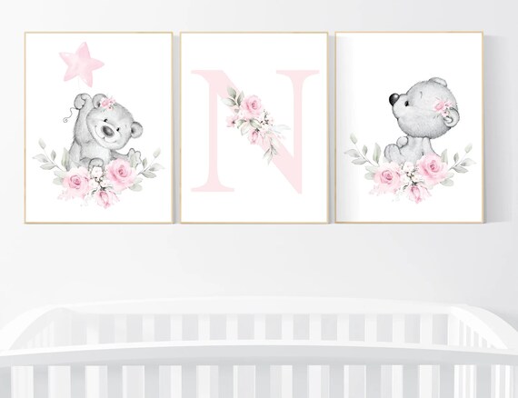 Nursery decor girl flower, bear nursery, floral nursery wall art,, Nursery wall art girl, girl nursery ideas, pink, nursery wall decor