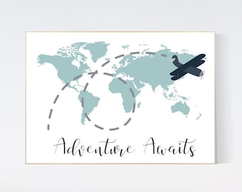 World Map Nursery Art: Adventure Awaits, Airplane Decor