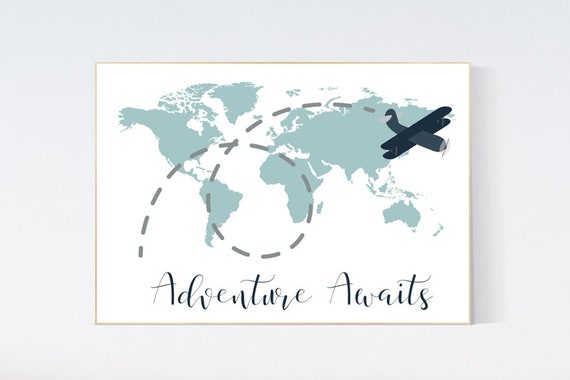 Nursery wall art map, adventure awaits, world map print, nursery decor boy mountains adventure, navy blue, plane nursery decor, mint nursery