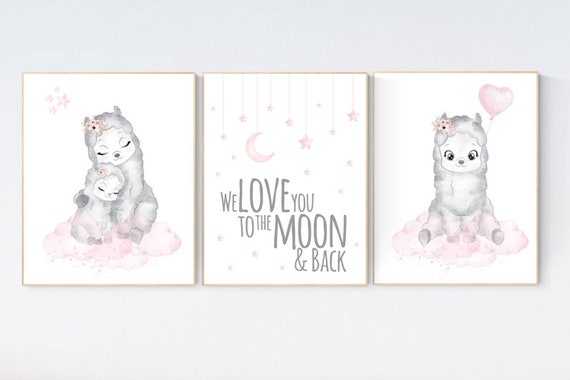 Nursery wall art llama, nursery decor girl, nursery wall art llama, Llama Print, pink grey, Llama Wall Art, moon and back, girl nursery