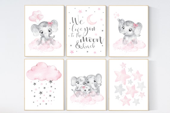 Nursery decor girl elephant, animal prints, pink grey nursery, pink gray, girl nursery room decor, cloud, moon, stars, set of 6