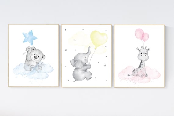 Nursery decor girl, elephant balloon print,  giraffe, bear, elephant wall art, baby girl nursery wall art, animal prints, pink, blue, yellow