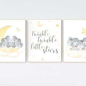 Twin nursery decor, yellow nursery, elephant nursery print, moon and stars, twin babies, nursery wall decor, twinkle twinkle little stars