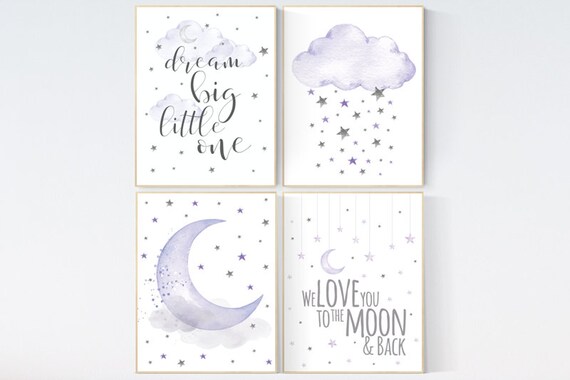 Baby room decor girl purple, nursery wall art, nursery decor lavender, lilac, dream big little one, cloud and stars, baby room decor, moon