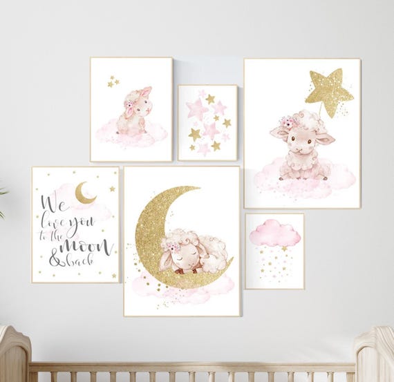 Baby room decor girl, Nursery wall art girl pink gold, Sheep nursery decor, sheep nursery art, lamb nursery decor, lamb print for nursery