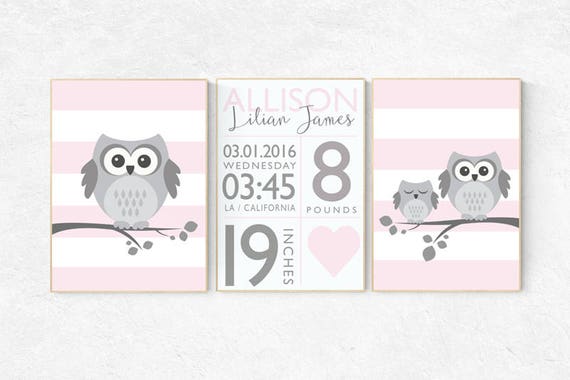 Owl nursery wall art, birth stats, baby girl room decor, Pink nursery decor, owl nursery decor, baby girl nursery decor, nursery girl decor