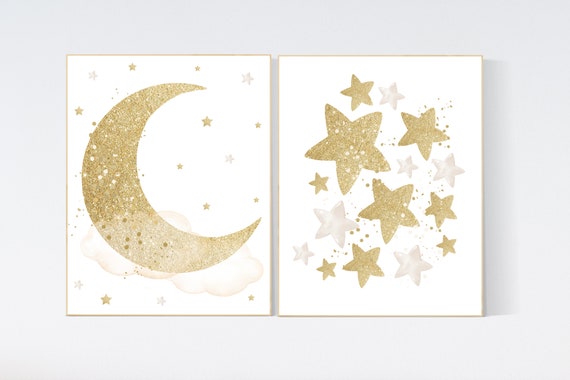 Gold nursery decor, gold and ivory nursery decor, gold nursery, grey, moon and stars nursery, gender neutral nursery wall art, moon, cloud