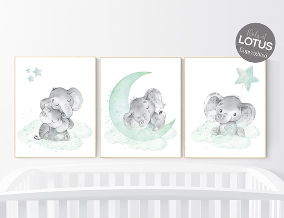 Nursery decor elephant, mint nursery decor, cloud and stars nursery, baby room , gender neutral, aqua, moon and stars, neutral nursery