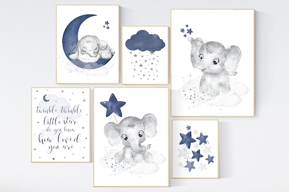 Nursery decor boy navy, elephant nursery wall art, navy Blue, moon and stars, navy nursery, boy nursery wall decor, elephant prints, moon