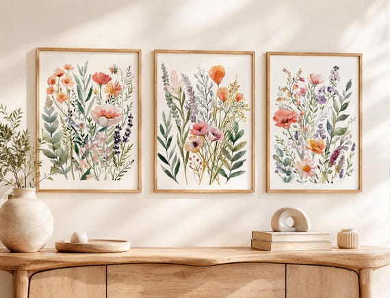 Watercolor Wildflower Print Set, Neutral Boho Botanical Art (Set of 3)