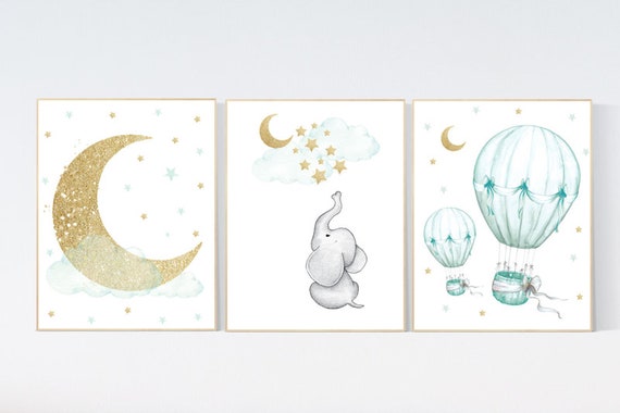 Nursery decor elephant, mint gold baby nursery, nursery decor boy and girl, cloud and star nursery, moon nursery decor, gender neutral