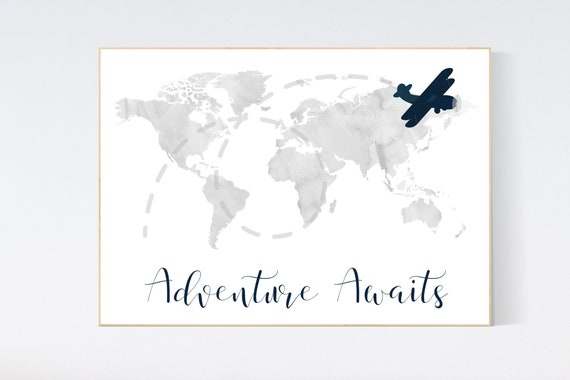 Nursery decor boy, world map, gray nursery, gray navy blue, adventure awaits, adventure nursery, travel theme, plane nursery wall art