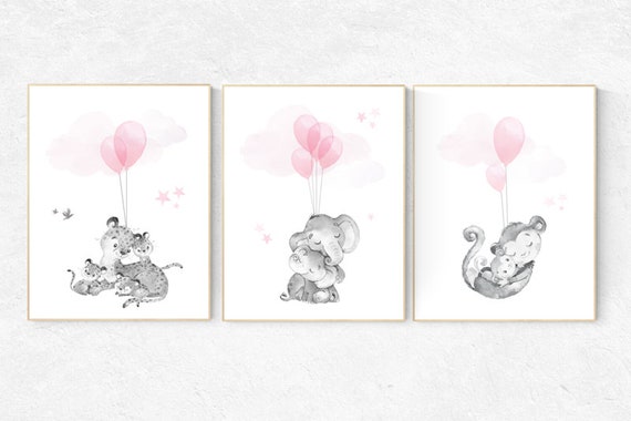Nursery decor girl, elephant balloon print,  elephant artwork, elephant wall art, baby girl nursery wall art, monkey, tiger, baby room decor