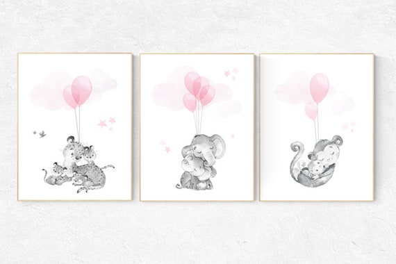 Nursery decor girl, elephant balloon print,  elephant artwork, elephant wall art, baby girl nursery wall art, monkey, tiger, baby room decor