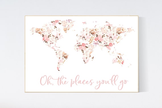 Nursery decor girl, flower nursery, Floral nursery, World Map, floral map, Girl Nursery Decor, Travel Nursery Art, floral Nursery Print