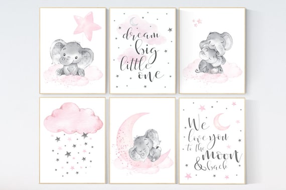 Nursery decor girl, nursery decor elephant, girl room wall art, baby nursery wall art, moon and stars nursery, nursery decor clouds stars