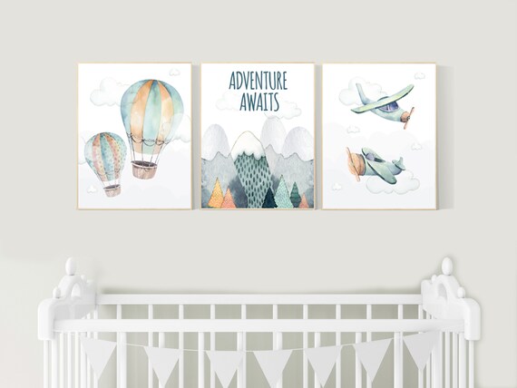 Nursery decor boy mountain, adventure nursery, travel theme nursery, woodland, gender neutral, adventure awaits, hot air balloon, plane