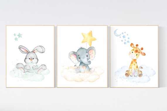 Nursery decor jungle animals, gender neutral nursery, animal nursery prints, Nursery wall art girl elephant, giraffe, bunny, set of 3 prints