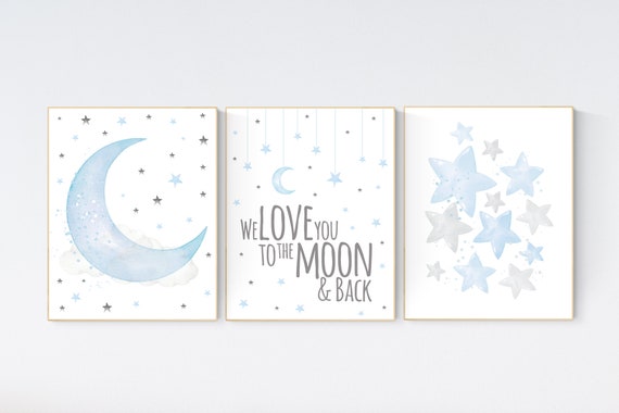 Blue and gray, Nursery decor boy, nursery decor, boys room decor, we love you to the moon and back , clouds and stars, blue grey nursery