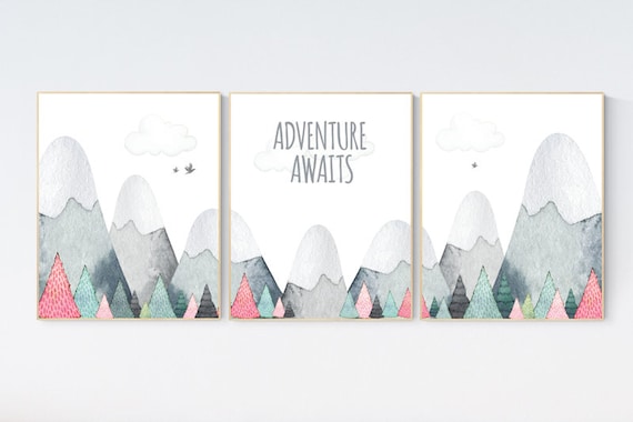 Nursery decor girl mountain, adventure nursery, adventure theme nursery, woodland, gender neutral, adventure awaits, mountains, forest