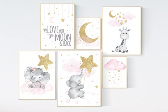 Nursery wall art girl, giraffe nursery, baby room decor girl gold and pink, we love you to the moon and back, moon and stars, elephant