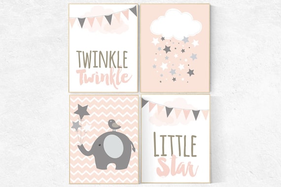 Nursery decor girl, blush pink nursery, nursery decor elephant, light coral nursery, twinkle twinkle little star, moon and star nursery