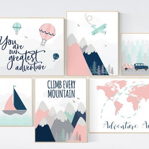 Adventure awaits nursery, Mountain art print set, coral navy mint, Adventure nursery,  coral mint girl, airplane, world map, hot air balloon