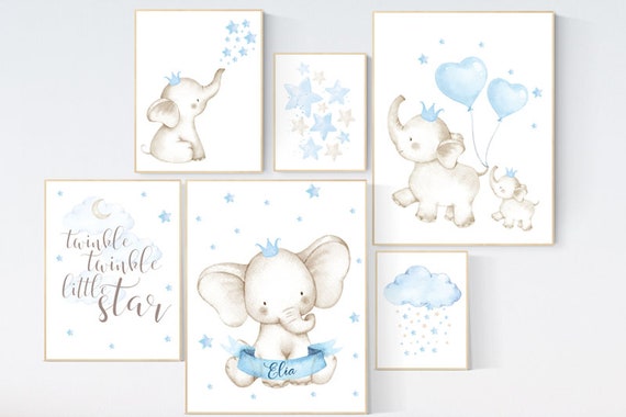 Baby room wall art, baby room decor boy, blue nursery decor, elephant nursery, boy nursery print set, set of 6, twinkle twinkle little star