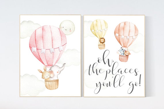 Hot air balloon nursery, woodland animals, gender neutral, animal nursery, set of 2, balloon nursery, adventure theme, baby room wall art