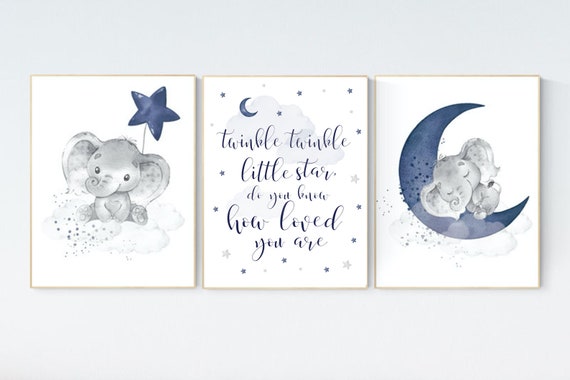 Nursery decor elephant, navy nursery decor, twinkle twinkle little star, moon and stars, navy blue nursery art. baby room, elephant nursery