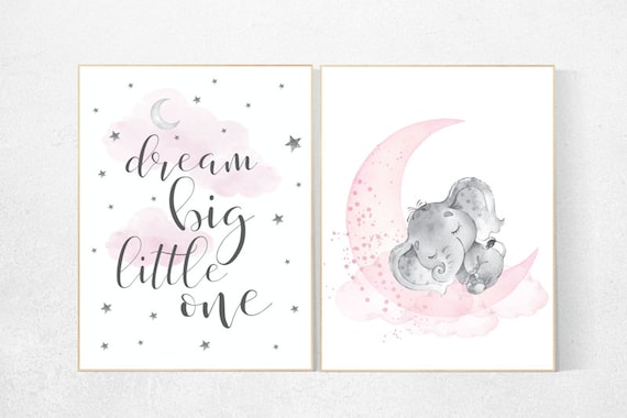 Nursery decor girl elephant, nursery wall art quotes, girl room wall art, pink and gray, moon and stars nursery, dream big little one