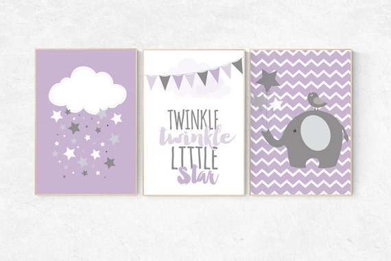 Elephant nursery, Twinkle Twinkle Little Star, Purple and gray nursery decor, baby girl nursery wall art, lavender nursery, lilac nursery