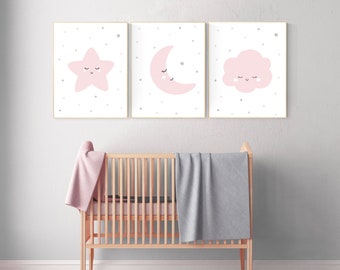 Pink and Grey Nursery Wall Art: Moon, Star, Cloud Print