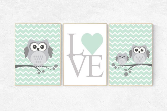 Gender neutral nursery decor, mint nursery decor, owl nursery wall art, mint gray, owl room decor, owl nursery owl nursery wall art new baby