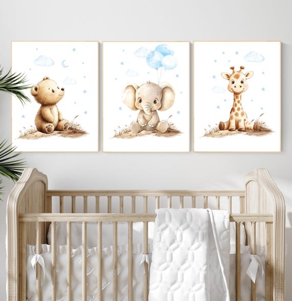 Boy Nursery Wall Art Set of 3 | Baby Bear, Elephant, Giraffe Prints | Blue Safari Animal Artwork | Woodland Jungle Baby Room Decor