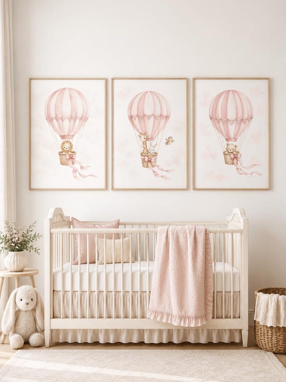 Blush Pink Hot Air Balloon Nursery Wall Art, Girl Nursery Prints Set of 3