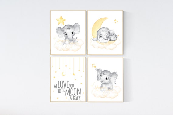 Nursery wall art neutral, nursery wall art elephant, moon and stars, gender neutral, baby room decor, elephant balloon, yellow grey, elegant