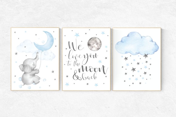 Elephant nursery, Blue and gray, we love you to the moon and back, Nursery decor boy, nursery decor, boys room, clouds and stars, blue grey