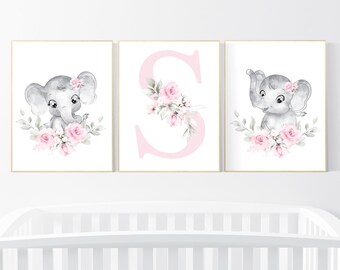 Elephant Floral Nursery Decor: Boho Baby Girl Room Prints